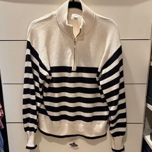 J. Crew Cream and Black Striped Half-Zip Pullover Cotton Sweater